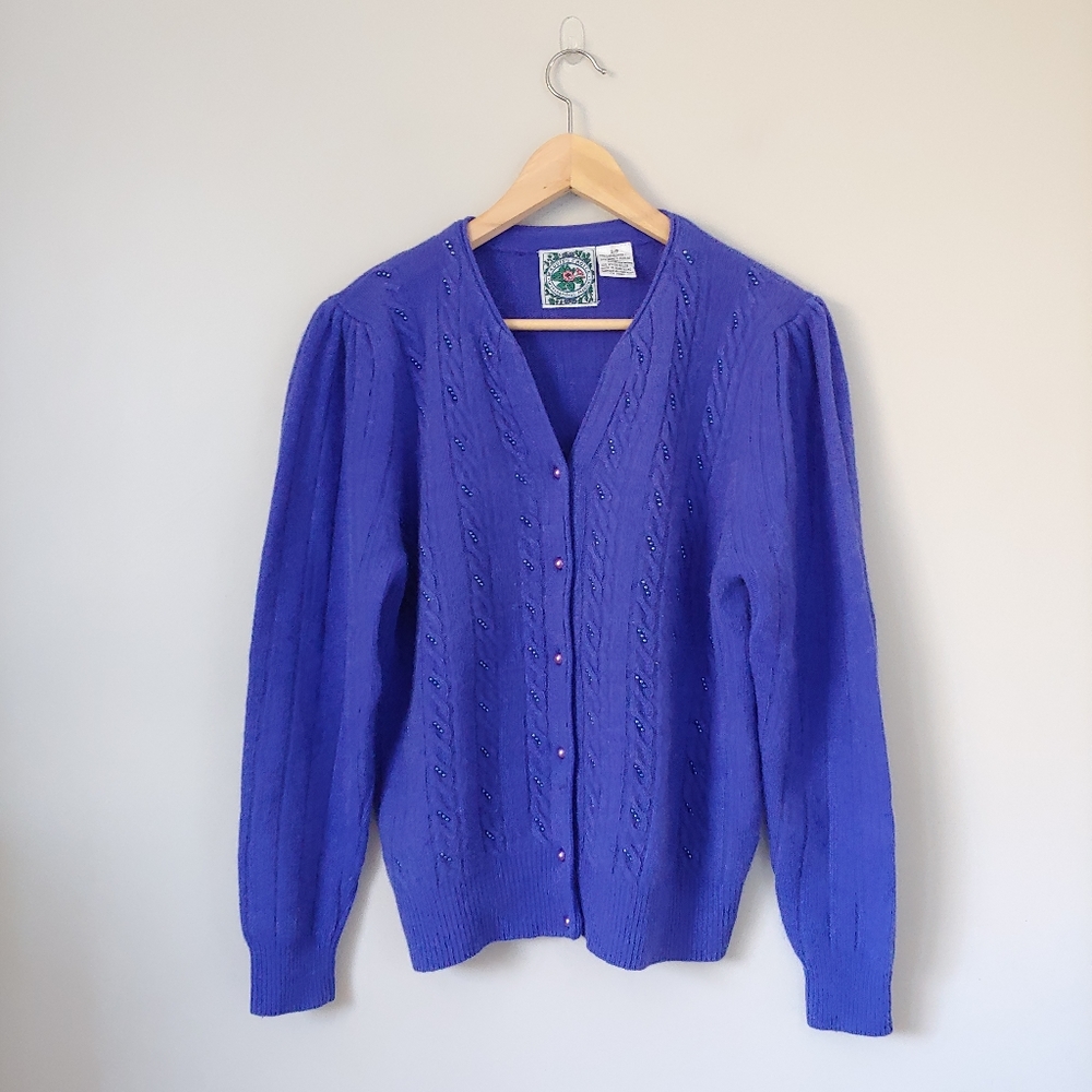 Maggie's Choice Vintage Lambswool Knit Cardigan Sweater Blue Purple Size Small
